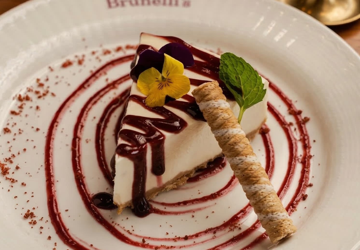 Cremosa Tarta de queso servida con coulis de frutos rojos