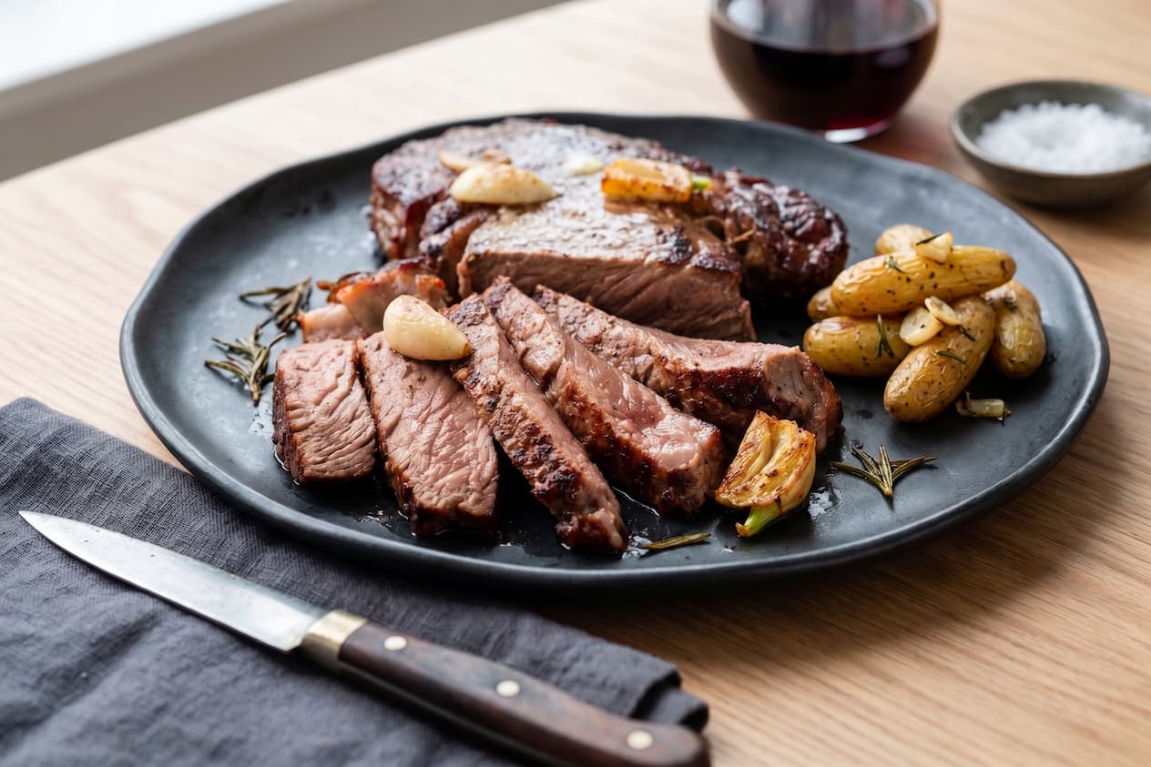 Chuletón de ternera hecho cortado en lonchas, servido en un plato negro con patatas, ajo y romero.